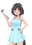  1girl :d absurdres apron bangs bare_arms bare_shoulders black_eyes black_hair blue_apron breasts collarbone commentary cowboy_shot eyebrows_visible_through_hair hair_between_eyes hand_on_hip heart highres kemono_friends ladle looking_at_viewer medium_breasts naked_apron open_mouth polka_dot polka_dot_apron shiraha_maru short_hair simple_background smile solo superb_bird-of-paradise_(kemono_friends) tail white_background 