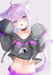  1girl ahoge animal_ears black_choker black_shirt cat_ears cat_girl cat_tail choker crop_top crop_top_overhang drawstring hands_up highres hololive long_sleeves looking_at_viewer midriff navel neco_meito nekomata_okayu open_mouth purple_eyes purple_hair shirt short_hair sleeves_past_fingers sleeves_past_wrists solo stomach tail upper_body virtual_youtuber 