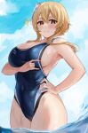 1girl alternate_breast_size armpits blonde_hair blue_swimsuit breasts clothes_pull covered_navel fbreeze flower genshin_impact hair_between_eyes hair_flower hair_ornament hand_on_hip highres large_breasts looking_at_viewer lumine_(genshin_impact) one-piece_swimsuit partially_submerged pulled_by_self school_swimsuit short_hair_with_long_locks sideboob sky smile solo sparkle swimsuit swimsuit_pull teasing wet wet_clothes wet_swimsuit yellow_eyes 