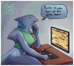  ambiguous_gender anon anthro blue_body blue_skin bottomless clothed clothing dialogue duo female fin fish larger_female marine md34 rebreather romantic romantic_couple shark shirt sitting size_difference straddling taller_female tank_top teeth topwear video_games 