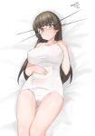  absurdres black_hair breasts choukai_(kancolle) cowboy_shot dated glasses headgear highres kantai_collection large_breasts long_hair looking_at_viewer lying maru_(marg0613) one-hour_drawing_challenge red_eyes rimless_eyewear school_swimsuit swimsuit twitter_username white_swimsuit 