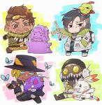  4boys apex_legends black_eyes black_headwear blue_butterfly blue_eyes brown_hair bug butterfly chibi crossed_legs crossover crypto_(apex_legends) dark-skinned_male dark_skin ditto drone facial_hair fang goatee goggles green_scarf hack_(apex_legends) hand_in_pocket lip_piercing male_focus mirage_(apex_legends) multiple_boys natu octane_(apex_legends) orange_eyes piercing pokemon pokemon_(creature) purple_eyes running scarf scorbunny seer_(apex_legends) senbiki_(nonono69) sitting smile surprised transformed_ditto undercut v-shaped_eyebrows 