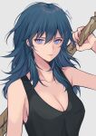  1girl absurdres bangs banned_artist bare_shoulders black_tank_top blue_eyes blue_hair breasts byleth_(fire_emblem) byleth_(fire_emblem)_(female) collarbone commentary_request fire_emblem fire_emblem:_three_houses grey_background hair_between_eyes highres large_breasts long_hair looking_at_viewer shimizu_akina simple_background solo tank_top upper_body 