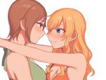  2girls aikawa_chinatsu arms_around_neck bangs bare_shoulders blonde_hair blue_eyes blush breasts brown_hair chiyoko_(tykchiyo) cleavage dress eye_contact from_side glasses green_eyes idolmaster idolmaster_cinderella_girls long_hair looking_at_another multiple_girls ohtsuki_yui red_dress shiny shiny_hair short_hair simple_background smile white_background 