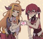  2girls :3 =_= ahoge blonde_hair blush braid breasts cleavage cleavage_cutout clothing_cutout covered_navel dragon_girl dragon_horns dragon_tail gloves gloves_removed grin hairband heart heart_hands heart_hands_duo hololive horns houshou_marine kiryu_coco kokoyashi large_breasts multicolored_hair multiple_girls orange_hair pleated_skirt pointy_ears red_hair side_braid skirt smile streaked_hair tail tears twintails two-tone_hair virtual_youtuber white_gloves 
