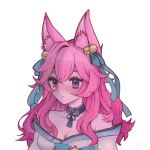  1girl ahri_(league_of_legends) animal_ear_fluff animal_ears bangs bare_shoulders breasts cleavage closed_mouth collarbone expressionless fox_ears green_ribbon grey_background hair_ornament hair_ribbon highres large_breasts league_of_legends long_hair neck_ribbon pink_hair portrait ribbon shiny shiny_hair simple_background solo spirit_blossom_(league_of_legends) spirit_blossom_ahri upper_body vastaya xi_er 