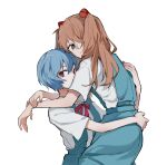  2girls ayanami_rei bangs blue_eyes blue_hair blue_skirt closed_mouth dango_(uni_520) hair_between_eyes hand_on_another&#039;s_back hand_on_another&#039;s_waist highres hug long_hair looking_at_viewer multiple_girls neck_ribbon neon_genesis_evangelion orange_hair red_eyes red_ribbon ribbon school_uniform shirt short_hair short_sleeves simple_background skirt souryuu_asuka_langley suspender_skirt suspenders tokyo-3_middle_school_uniform_(evangelion) two_side_up upper_body white_background white_shirt yuri 