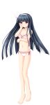  1girl alpha_(yukai_na_nakamatachi) bangs barefoot bikini black_hair blunt_bangs bow bow_hairband breasts cleavage collarbone eyebrows_visible_through_hair floating_hair frilled_bikini frills full_body game_cg hair_bow hairband hand_on_own_cheek hand_on_own_face hayakawa_yuriko highres long_hair navel purple_eyes red_ribbon ribbon shiny shiny_hair small_breasts solo standing swimsuit tachi-e transparent_background very_long_hair w.l.o_sekai_ren&#039;ai_kikou white_bikini white_bow white_hairband 