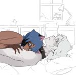  animal_ears anthro bed blue_eyebrows blue_eyes blue_hair book brand_new_animal brown_arms brown_body brown_fur canid canine chair chickenaguette collar desk duo eyebrows female female_on_top fur furniture green_eyes hair hi_res holding_arm human lamp male male/female mammal michiru_kagemori multicolored_eyes nude on_top pale_skin pillow pink_eyes plant raccoon_dog roof shirou_ogami studio_trigger table tanuki tissue tree watermark white_hair window 