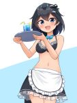  1girl :d alternate_costume apron bangs bare_arms bare_shoulders bikini black_eyes black_hair black_skirt blue_ribbon blush breasts commentary cowboy_shot cup drink drinking_glass drinking_straw eyebrows_visible_through_hair frilled_apron frills hair_between_eyes hair_ribbon head_wings highres ice ice_cube kemono_friends looking_at_viewer maid_bikini medium_breasts medium_hair midriff navel neck_ribbon open_mouth ribbon shiraha_maru simple_background skirt smile solo superb_bird-of-paradise_(kemono_friends) swimsuit tray waist_apron 