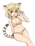  1girl :d animal_ear_fluff animal_ears animal_print bangs bare_arms bare_legs bare_shoulders bikini blonde_hair breasts brown_hair cat_ears cat_girl cat_tail collarbone commentary extra_ears eyebrows_visible_through_hair green_eyes hair_between_eyes highres kemono_friends looking_at_viewer medium_breasts medium_hair multicolored_hair navel open_mouth print_bikini sand_cat_(kemono_friends) shiraha_maru side-tie_bikini simple_background smile solo swimsuit tail tiger_print two-tone_hair white_background 