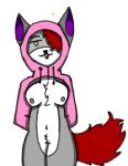  anthro areola black_nose clothing fan_character female fur green_eyes grey_body grey_fur nipples one_eye_obstructed partly_nude pink_clothing pink_nipples purple_ears red_body red_fur simple_background smile solo tongue tongue_out white_background white_body white_fur 