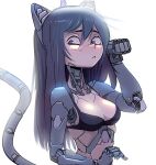  1girl absurdres android animal_ears bangs blue_eyes bra breasts cat_ears cat_tail cleavage clenched_hand cyborg highres joints long_hair looking_to_the_side mecha_musume mechanical_arms mechanical_parts nradiowave original paw_pose robot_ears robot_joints simple_background solo tail underwear upper_body white_background 