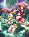  3girls aegis_sword_(xenoblade) bangs bare_legs bare_shoulders black_gloves blonde_hair breasts burnt_green_tea chest_jewel cleavage cleavage_cutout clothing_cutout dress earrings elbow_gloves fingerless_gloves gloves green_eyes green_hair highres jewelry large_breasts long_hair multiple_girls mythra_(xenoblade) pneuma_(xenoblade) ponytail pyra_(xenoblade) red_eyes red_hair red_legwear red_shorts short_dress short_hair short_shorts shorts swept_bangs sword thigh_strap thighhighs tiara very_long_hair weapon white_dress white_footwear white_gloves xenoblade_chronicles_(series) xenoblade_chronicles_2 yellow_eyes 