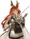  1girl absurdres animal_ears arknights armor brown_eyes commentary cowboy_shot ear_covers earclip extra_ears flametail_(arknights) gauntlets hand_up highres holding holding_sword holding_weapon long_hair looking_at_viewer pauldrons red_hair shirt shoulder_armor simple_background solo squirrel_ears sword weapon white_background white_shirt xiaomai_yorik 