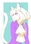  androgynous animal_ears blue_background border cat_boy cat_ears cat_tail earrings eyebrows_visible_through_hair green_hair jacket jewelry limited_palette lio_fotia male_focus promare purple_eyes purple_jacket short_hair sidelocks signature single_earring sparkle tail white_border yon_prmr 