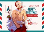  1boy abs bag bara barber_pole beard biceps bow bowtie breath breezem18 christmas clenched_hand commission delibird facial_hair gift glasses hand_on_hip hat highres large_pectorals looking_at_viewer male_focus male_underwear merry_christmas muscular muscular_male navel night nipples open_mouth original pants pectorals personification pokemon postcard santa_costume santa_hat sketch socks solo stuffed_toy text_focus thick_arms thick_eyebrows topless topless_male underwear white_hair 