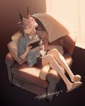  1girl animal_ears arknights armchair bare_legs black_shorts blue_eyes brown_footwear chair closed_mouth collared_shirt curtains earthspirit_(arknights) full_body grey_shirt hair_ornament hairclip happy_birthday heart highres horns hug_(yourhug) nintendo_switch pillow pink_hair playing_games shirt short_sleeves shorts side_ponytail sitting slippers solo striped striped_shorts vertical-striped_shorts vertical_stripes 