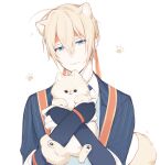  1boy absurdres animal animal_ears blonde_hair blue_eyes blue_jacket bridal_gauntlets closed_mouth collared_shirt commentary_request dog dog_ears hairband hands_up head_tilt highres holding holding_animal holding_dog jacket looking_at_viewer male_focus miyuki_(miyuki0529) orange_hairband paw_print puppy shirt short_hair simple_background smile solo touken_ranbu upper_body white_background white_shirt yamanbagiri_kunihiro 