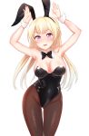  1girl animal_ears baek_hyang&#039;geum bang_dream! black_bow black_bowtie black_legwear black_leotard blonde_hair bow bowtie breasts bunny_pose cleavage commentary_request detached_collar half_updo highres korean_commentary large_breasts leotard long_hair looking_at_viewer pantyhose playboy_bunny purple_eyes rabbit_ears shirasagi_chisato simple_background solo standing white_background wrist_cuffs 