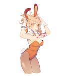  1girl :o animal_ears arm_tattoo blonde_hair blush breasts brown_legwear butterfly_hair_ornament butterfly_ornament carrot_hair_ornament cropped_legs detached_collar fake_animal_ears fake_tail food-themed_hair_ornament genshin_impact hair_ornament high_ponytail highres leotard lilyglazed looking_at_viewer medium_breasts orange_eyes orange_leotard pantyhose rabbit_ears rabbit_tail short_hair simple_background solo strapless strapless_leotard tail tattoo vision_(genshin_impact) white_background wrist_cuffs yoimiya_(genshin_impact) 