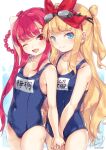  2girls :d beatmania beatmania_iidx blonde_hair blue_eyes blush bow breasts cleavage eyebrows_visible_through_hair goggles hair_bow highres himmel_(beatmania_iidx) holding_hands long_hair looking_at_viewer maremay0513 multiple_girls name_tag one-piece_swimsuit one_eye_closed open_mouth pink_hair red_eyes school_swimsuit smile swimsuit umegiri_ameto 