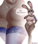  2022 absurd_res anthro areola artist_name barely_visible_genitalia barely_visible_pussy big_breasts blue_eyes bodily_fluids breasts buckteeth butt clothing dialogue disney english_text female genitals hand_on_chest hand_on_hip hi_res huge_breasts judy_hopps lagomorph legs_together legwear leporid looking_at_viewer mammal navel nipples nude pink_nose pussy question rabbit smile solo speech_bubble standing sweat teeth text thigh_highs towel water wet wide_hips winter_nacht zootopia 