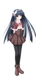  1girl alpha_(yukai_na_nakamatachi) arms_behind_back bangs black_hair black_legwear blunt_bangs bow bow_hairband brown_footwear brown_skirt capelet eyebrows_visible_through_hair floating_hair full_body fur-trimmed_capelet fur_trim game_cg hair_bow hairband hayakawa_yuriko highres long_hair miniskirt pantyhose plaid plaid_skirt purple_eyes red_capelet red_ribbon ribbon shiny shiny_hair skirt solo standing sweater tachi-e transparent_background turtleneck turtleneck_sweater underbust very_long_hair w.l.o_sekai_ren&#039;ai_kikou white_bow white_hairband white_sweater 