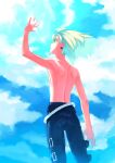  1boy androgynous black_pants cloud day earrings green_hair hand_up jewelry lio_fotia looking_up male_focus outdoors pants promare short_hair single_earring sky solo topless_male twitter_username yon_prmr 