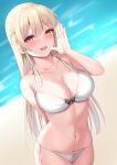  1girl :d absurdres arm_behind_back bangs bare_arms bare_shoulders beach bikini black_bow blonde_hair blurry blurry_background blush bow breasts cleavage collarbone commentary_request cowboy_shot day depth_of_field eyebrows_visible_through_hair front-tie_bikini front-tie_top furen_e_lustario halterneck hand_up highres large_breasts long_hair looking_at_viewer navel nijisanji open_mouth outdoors red_eyes reward_available ribbon side-tie_bikini smile solo stomach string_bikini swimsuit tatsumiya_kagari very_long_hair virtual_youtuber white_bikini white_ribbon 