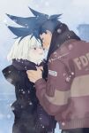  2boys androgynous black_coat black_scarf blue_eyes blue_hair coat eyebrows_visible_through_hair firefighter_jacket galo_thymos green_hair grin hood hood_down hooded_coat lio_fotia looking_at_another male_focus mohawk multiple_boys promare purple_eyes scarf short_hair sidecut smile snow snowing twitter_username yaoi yon_prmr 