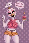  anthro avian beak big_breasts bird bottomwear bracelet breasts chicken clothing colored_nails crop_top eyeshadow feathers female funtime_chica_(fnaf) funtime_cupcake_(fnaf) galliform gallus_(genus) gesture hi_res hotpants jewelry long_nails makeup mightywheelchair muffin_top nails orange_bottomwear orange_clothing orange_shorts phasianid pink_clothing pink_shirt pink_topwear pose scrunchie shirt shorts slightly_chubby solo thick_thighs thigh_up tight_bottomwear tight_clothing tight_fit topwear v_sign 