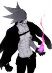  1boy abs black_gloves black_pants blue_eyes eyepatch fire galo_thymos gloves greyscale male_focus mohawk monochrome open_clothes open_mouth open_shirt pants pectorals pink_fire promare signature simple_background smile solo spiked_hair spot_color toned toned_male white_background yon_prmr 