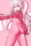  1girl absurdres alice_(goddess_of_victory:_nikke) animal_ear_headphones animal_ears ass bodysuit clothes_writing cowboy_shot earphones fake_animal_ears goddess_of_victory:_nikke headphones headset highres leg_belt long_sleeves pink_bodysuit pink_eyes pink_hair project_nikke puffy_long_sleeves puffy_sleeves scdz2344 shrug_(clothing) skin_tight solo tight twintails 