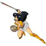  1980s_(style) 1990s_(style) 1girl arm_shield armor armored_boots artist_request asou_yuuko bandana belt bikini_armor blue_eyes blue_hair boots breasts cleavage collarbone commentary_request floating_hair gem gold_armor gold_footwear high_heel_boots high_heels holding holding_sword holding_weapon knee_boots long_hair medium_breasts midriff miniskirt mugen_senshi_valis navel neck_ribbon official_art open_mouth pauldrons red_bandana red_ribbon red_scarf retro_artstyle ribbon scarf serious shield shoulder_armor shoulder_pads simple_background skirt stomach sword thighs traditional_media valis vambraces very_long_hair weapon white_background white_skirt 