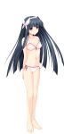  1girl alpha_(yukai_na_nakamatachi) arms_behind_back bangs barefoot bikini black_hair blunt_bangs bow bow_hairband breasts cleavage collarbone eyebrows_visible_through_hair floating_hair frilled_bikini frills front-tie_bikini front-tie_top full_body game_cg hair_bow hairband hayakawa_yuriko highres long_hair navel purple_eyes red_ribbon ribbon shiny shiny_hair side-tie_bikini small_breasts solo standing swimsuit tachi-e transparent_background very_long_hair w.l.o_sekai_ren&#039;ai_kikou white_bikini white_bow white_hairband 