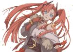  1girl arknights belt blue_eyes bonjirix collar dragon_horns fingernails fur-trimmed_jacket fur_trim highres horns jacket leaning_to_the_side long_hair oripathy_lesion_(arknights) red_hair sharp_fingernails toddifons_(arknights) twintails 