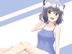  1girl :d alternate_costume animal_ear_fluff animal_ears bangs bare_arms bare_legs bare_shoulders black_hair blue_camisole brown_eyes camisole collarbone commentary common_raccoon_(kemono_friends) extra_ears eyebrows_visible_through_hair fang grey_hair hair_between_eyes hand_in_own_hair highres kemono_friends looking_at_viewer medium_hair multicolored_hair open_mouth raccoon_ears shiny shiny_hair shiraha_maru simple_background smile solo 