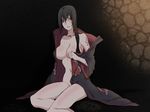  black_hair bottomless breasts genderswap genderswap_(mtf) jewelry large_breasts long_hair naked_coat naruto naruto_(series) necklace open_clothes red_eyes scar side_ponytail sitting solo tattoo uchiha_itachi zokenwatarushi 