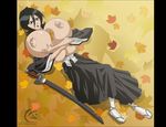  black_hair bleach blue_eyes blush cleavage fall gigantic_breasts katana kuchiki_rukia leaf mangrowing open_mouth robe shihakusho shinigami short_hair sword tagme weapon zanpakuto 