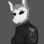  1:1 2022 absurd_res adlerokonma alpaca alpaca_humanoid animal_conquest animal_humanoid anthro big_breasts black_and_grey black_and_white black_eyes breasts bust_portrait camelid camelid_humanoid canid canine canis clothed clothing collar digital_media_(artwork) eyelashes eyeliner eyeshadow fangs female fur grey_background grey_body grey_fur greyscale hi_res humanoid hybrid jacket looking_at_viewer looking_down makeup mammal mammal_humanoid metal_collar monochrome natasha_kusnetzov portrait pupils shaded simple_background slit_pupils smile smirk solo teeth topwear white_body white_fur wolf wool_(fur) 