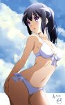  1girl :o bangs bare_shoulders bikini black_hair blue_sky blush breasts cleavage cloud collarbone dated eyebrows_visible_through_hair front-tie_top groin hibike!_euphonium highres kousaka_reina long_hair medium_breasts navel nii_manabu ponytail purple_eyes shiny shiny_hair side-tie_bikini sidelocks signature sky solo stomach swimsuit white_bikini 