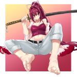  1girl barefoot breasts camisole capri_pants cleavage collarbone covered_nipples crop_top eiji_(eiji) feet foot_focus foreshortening hair_intakes highres jacket jacket_on_shoulders katana large_breasts long_hair midriff navel ootachi open_fly over_shoulder pants ponytail red_camisole red_eyes red_hair soles solo sword toes under_night_in-birth weapon weapon_over_shoulder white_pants yuzuriha_(under_night_in-birth) 