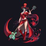  1girl ascot bare_shoulders belt black_background black_gloves blood bob_cut boots breasts cleavage cosplay dress fingerless_gloves full_body glasses gloves guilty_gear guilty_gear_strive guitar hat i-no instrument large_breasts midriff mole mole_under_mouth navel phamoz red_dress scythe simple_background solo testament_(guilty_gear) testament_(guilty_gear)_(cosplay) thighs top_hat witch_hat 