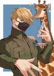  1boy bangs best_jeanist black_mask blonde_hair blue_background boku_no_hero_academia border breast_pocket buttons comb covered_mouth giraffe hair_over_one_eye hand_up high_collar holding holding_comb kadeart long_bangs long_sleeves looking_at_viewer male_focus mask mouth_mask narrowed_eyes outside_border pocket short_hair solo sparkle swept_bangs twitter_username two-tone_background upper_body white_border 