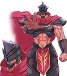  1boy abs armor bara belt cape chan_kuro_(azsdi4e) chest_plate clenched_hand covered_eyes gauntlets helmet highres leg_armor loincloth looking_at_viewer male_focus manly muscular muscular_male navel original pants pectorals shoulder_armor shoulder_pads skirt solo thick_arms veins veiny_arms warrior 