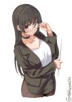  1girl adjusting_eyewear alternate_costume black_choker black_hair brown_legwear choker choukai_(kancolle) collarbone cropped_legs ebifurya eyebrows_visible_through_hair glasses highres holding holding_pointer jacket kantai_collection long_hair looking_at_viewer pointer red_eyes shirt side_slit skirt solo teacher twitter_username white_background white_shirt 