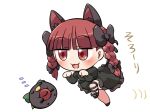  1girl :3 :d animal_ears bangs blunt_bangs blush bow braid cat_ears cat_tail chibi dress eyebrows_visible_through_hair full_body hair_bow kaenbyou_rin long_sleeves multiple_tails nekomata open_mouth red_eyes red_hair reiuji_utsuho reiuji_utsuho_(bird) rokugou_daisuke simple_background sleep_bubble sleeping smile sneaking solo tail touhou twin_braids two_tails white_background 