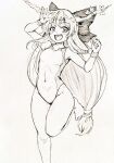  1girl bangs bare_legs barefoot bow breasts collarbone commentary_request covered_navel d-m_(dii_emu) fang greyscale hair_bow happy horns leg_up long_hair looking_at_viewer monochrome one-piece_swimsuit oni_horns open_mouth small_breasts standing standing_on_one_leg swimsuit tied_hair touhou traditional_media very_long_hair wristband 