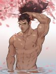  1boy abs amo_(amo9612) armpits artist_name bara beard biceps brown_hair cherry_blossoms cross_scar facial_hair hand_in_own_hair highres lake large_pectorals league_of_legends long_hair looking_at_viewer male_focus muscular muscular_male navel navel_hair nipples nude pectorals petals ponytail scar scar_on_arm scar_on_chest scar_on_face solo stubble thick_arms thick_eyebrows upper_body water yasuo_(league_of_legends) 